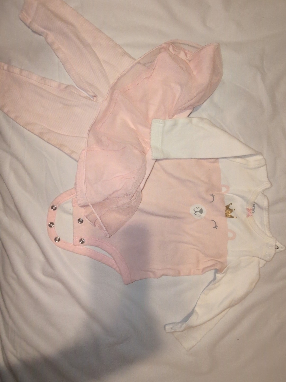 Carter's Pink and White Long-Sleeve Tulle Bodysuit with Crown Print